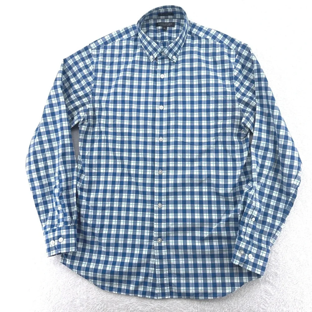 Banana Republic Mens Button Down Shirt M Blue Gingham Slim Flex Tech Stretch